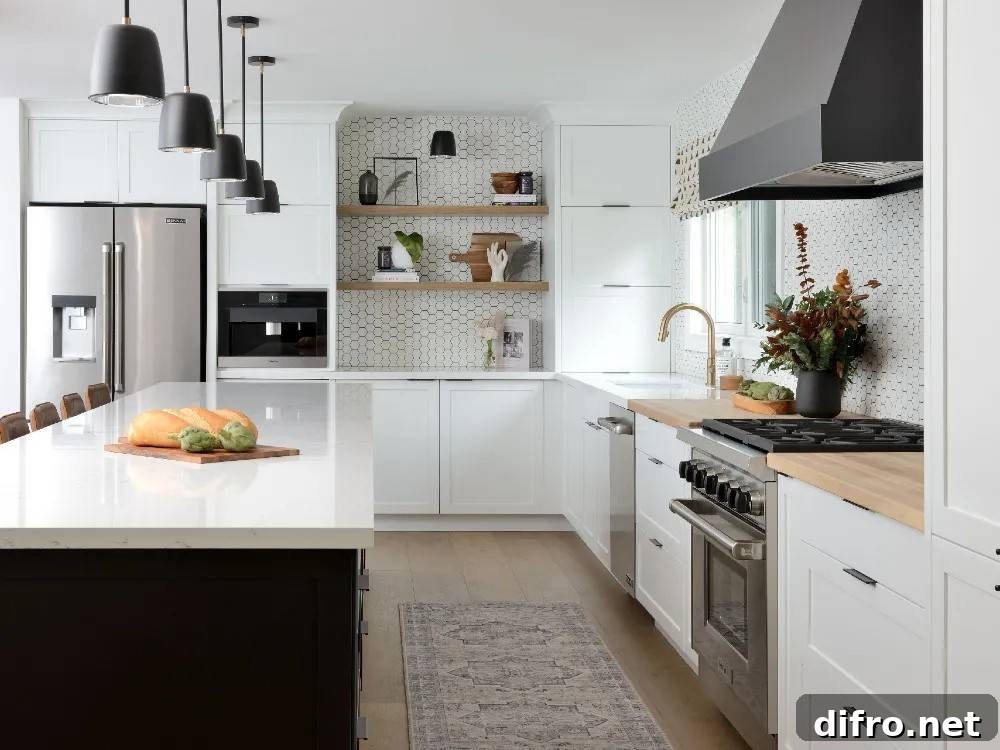 black and white kitchen paint theme with butcher block counters