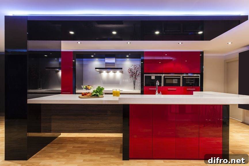 modern kitchen with low lighting and bright red cabinets