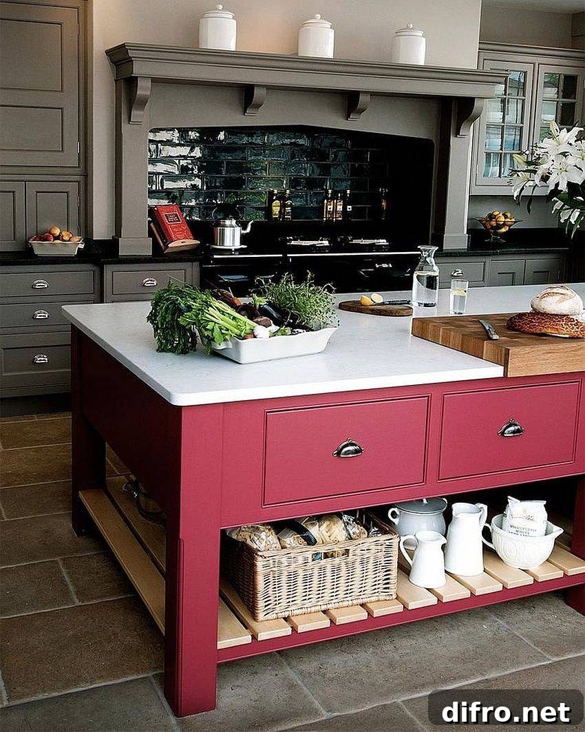 red kitchen island with bright white countertops