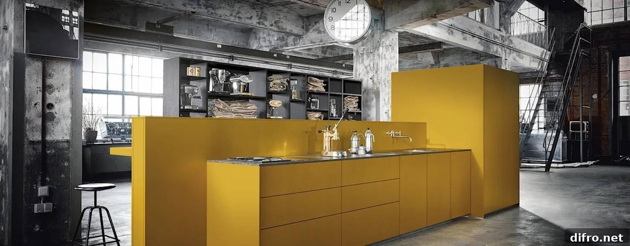 mustard yellow kitchen set up