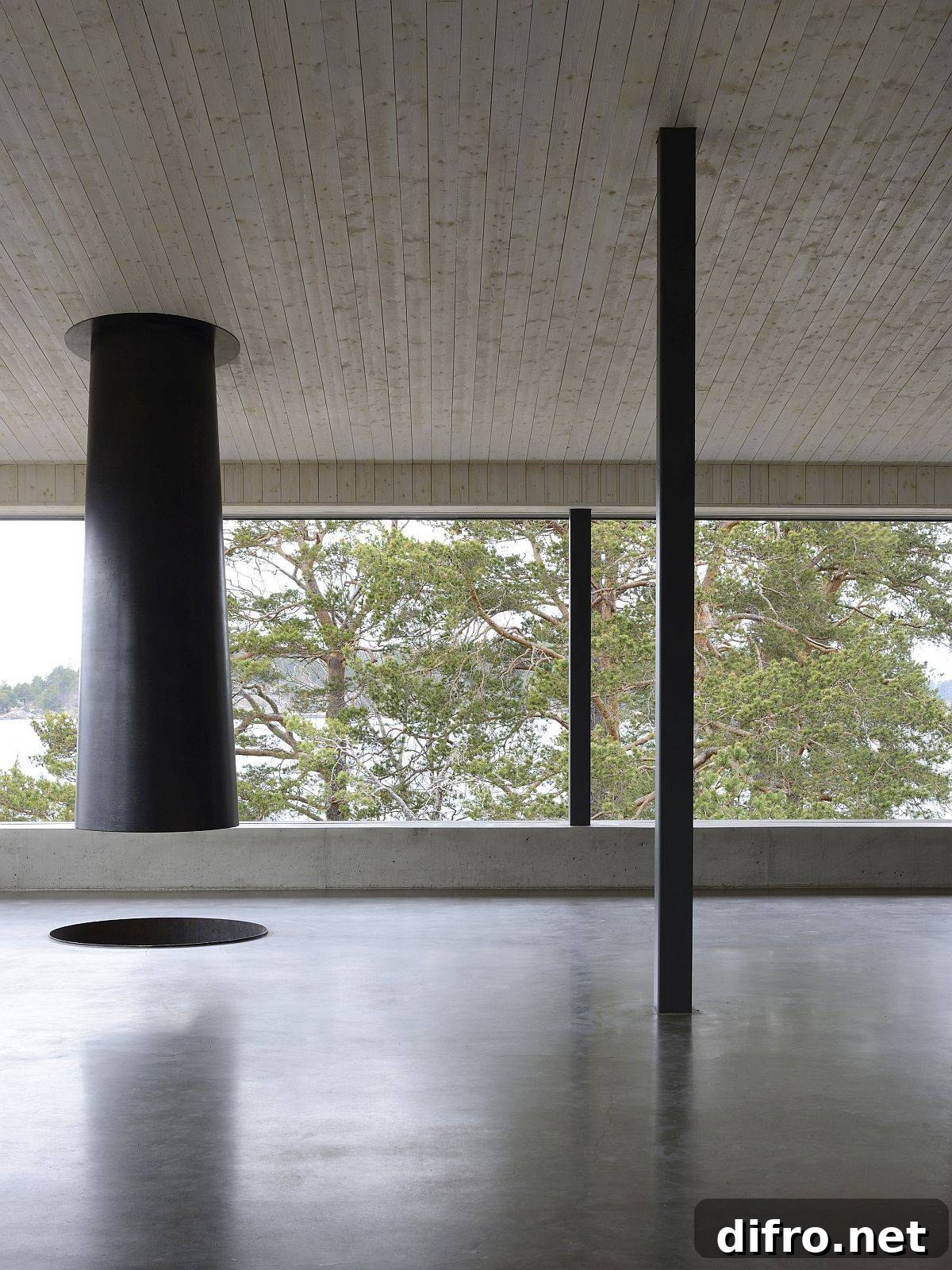 Suspended fireplace in living room