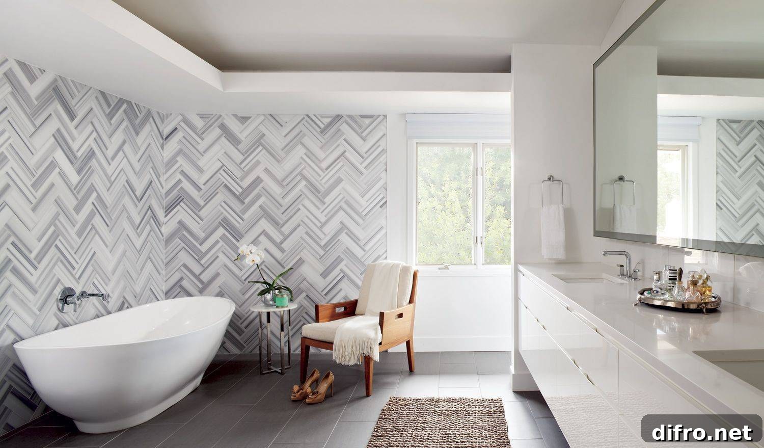 Herringbone Tile Bathroom Wall.
