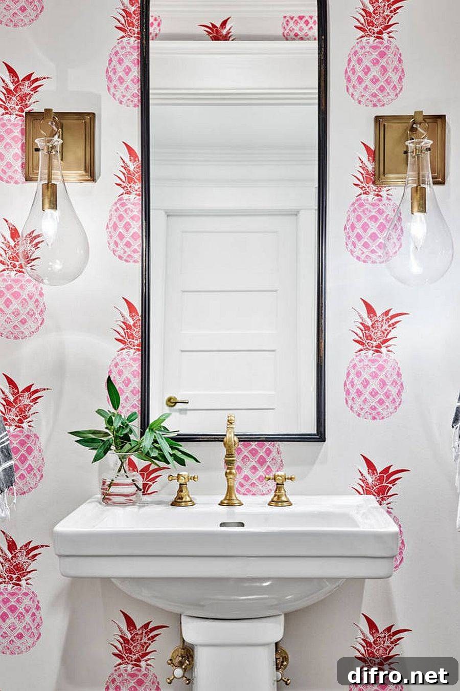 Playful pineapple-print wallpaper in a small powder room