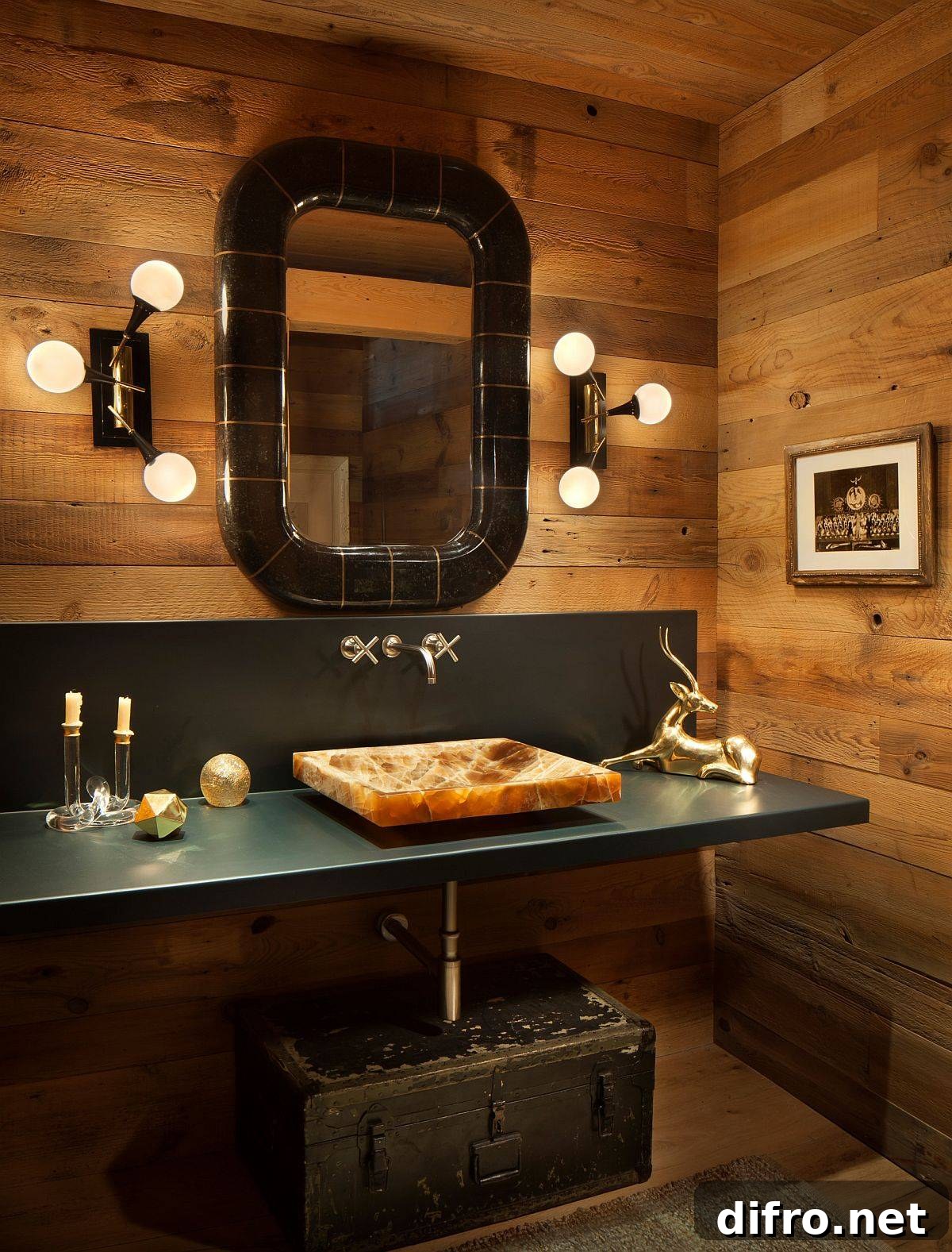 Wood-clad powder room combining modern ergonomics with rustic aesthetics