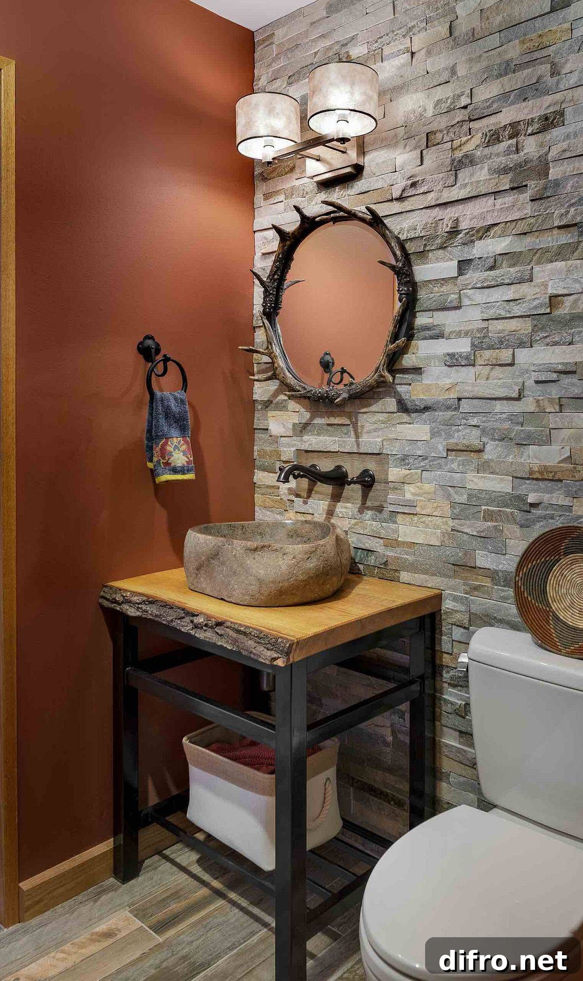 Rustic powder room with dramatic mirror frame