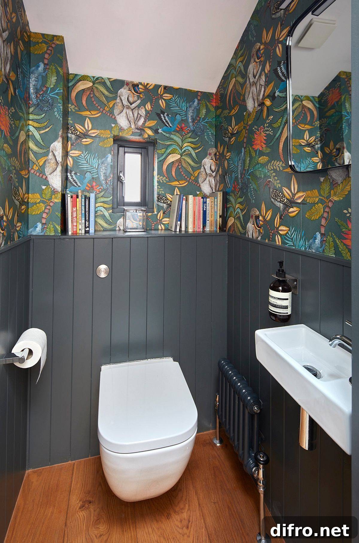 Small eclectic powder room with gray tones and colorful wall art
