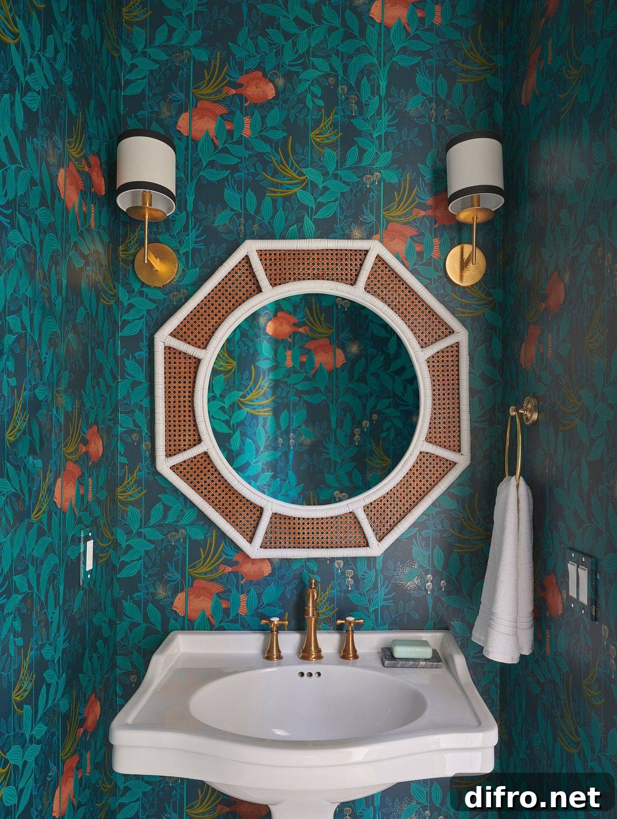 Modern beach-style powder room with glam accents