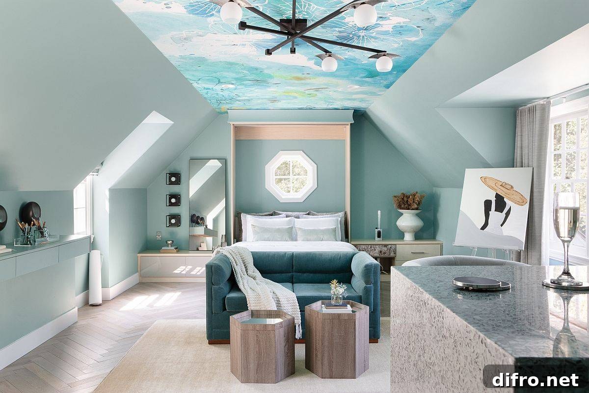 Wallpapered ceiling that mimics the sky in a tiny loft bedroom