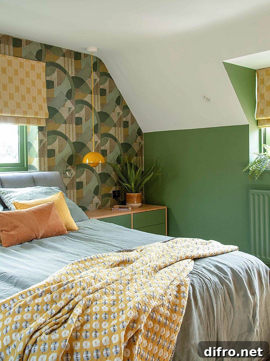 Small bedroom with tropical green wallpaper behind the headboard