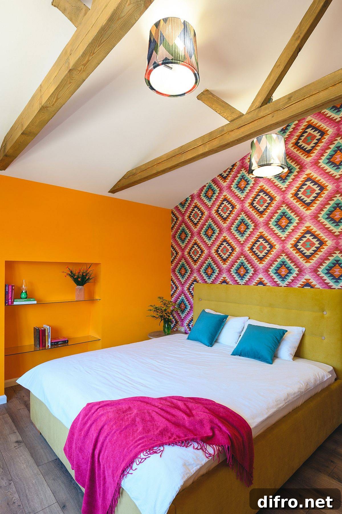 Bright orange and pink patterned wall in a small bedroom