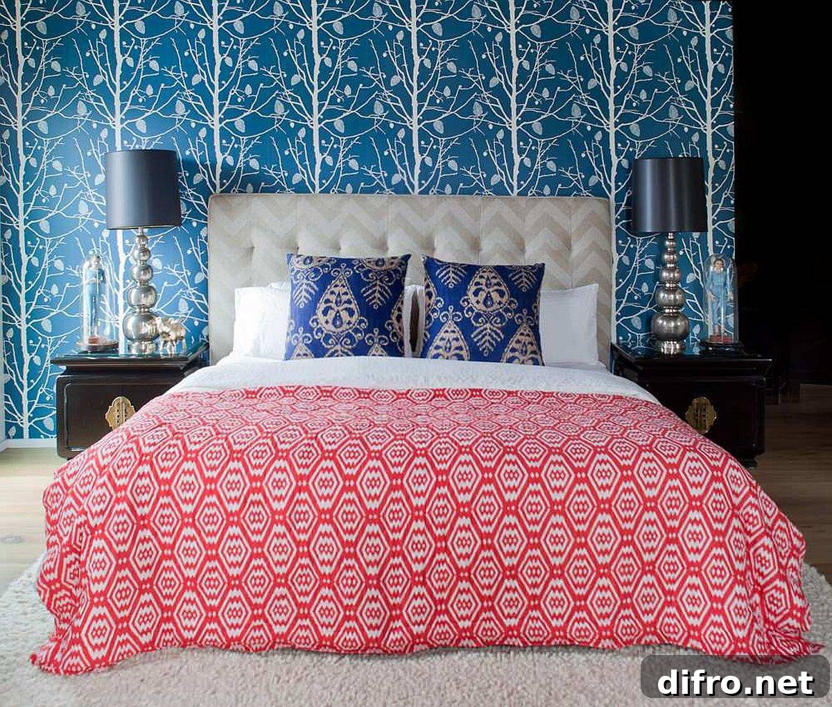 Colorful bedding and pillows energize a small contemporary bedroom