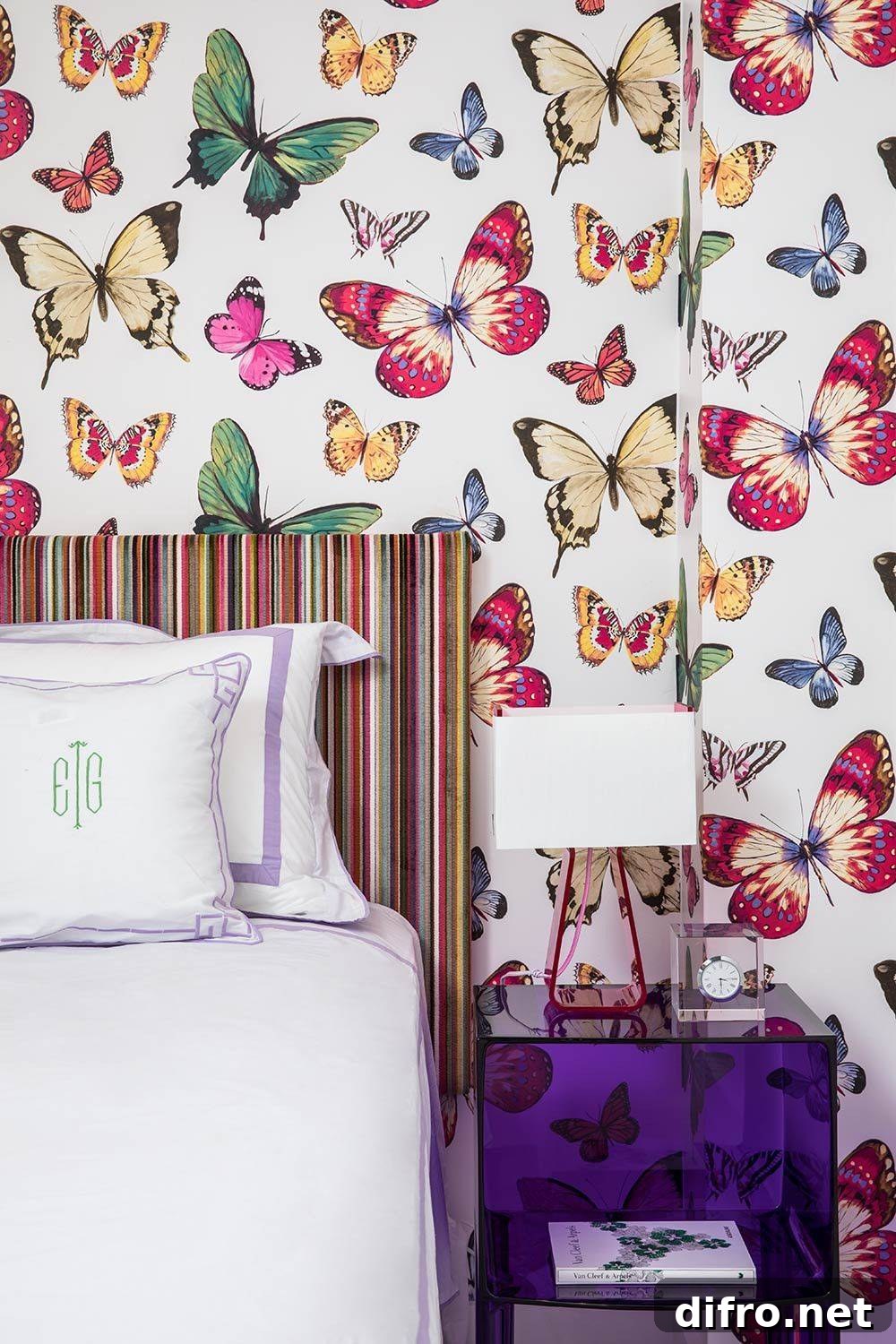 Multi-colored butterfly decals enliven a tiny white bedroom