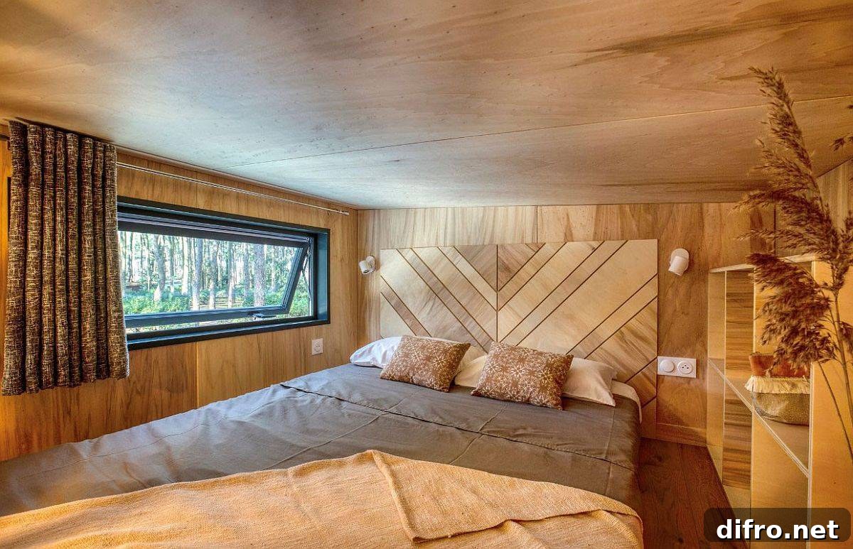 Super-tiny bedroom with a chevron wood headboard