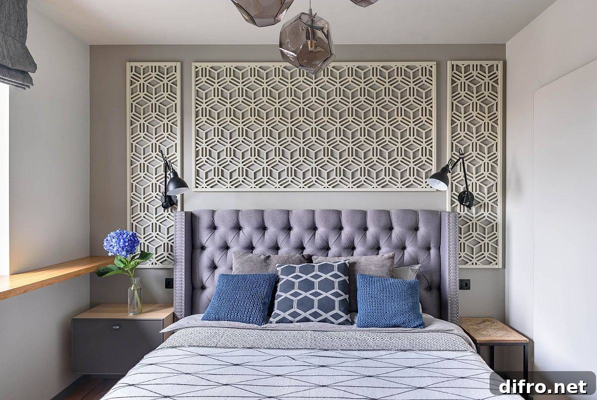 Wall panels with overlapping hexagon motifs in gray and white