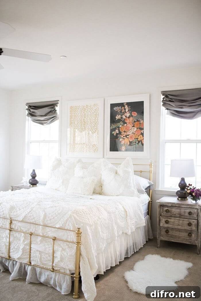 white ruffled bed set with brass bedposts country chic bedroom