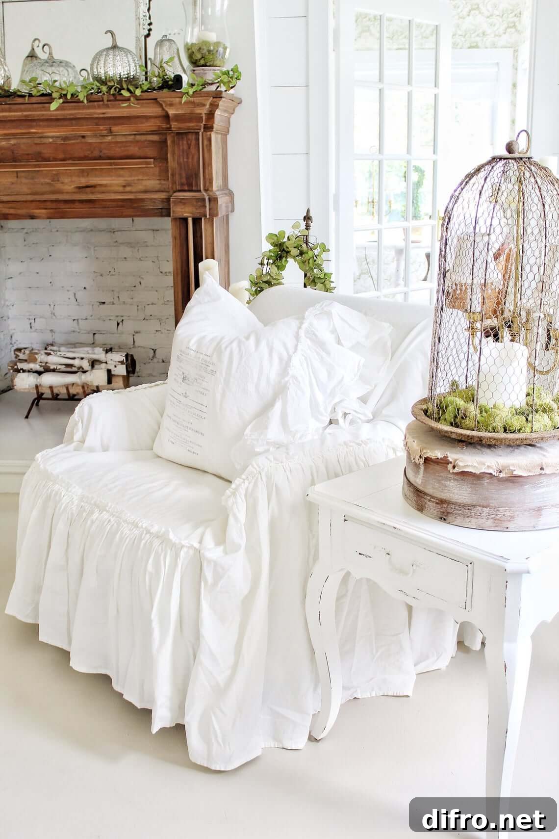 white living room with ruffle chair cover and rustic elements
