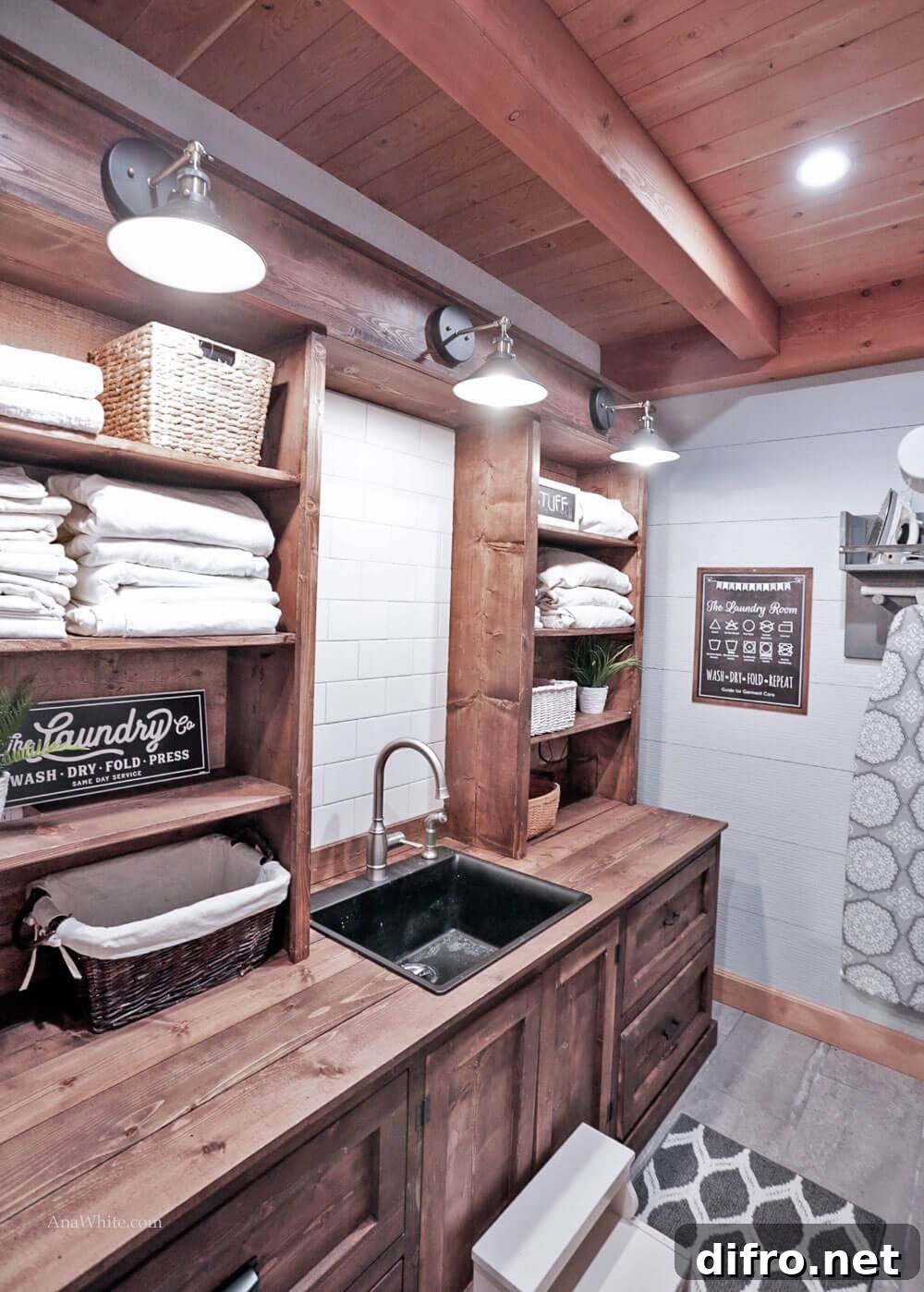 laundry room with wood ceiling and farmhouse styling