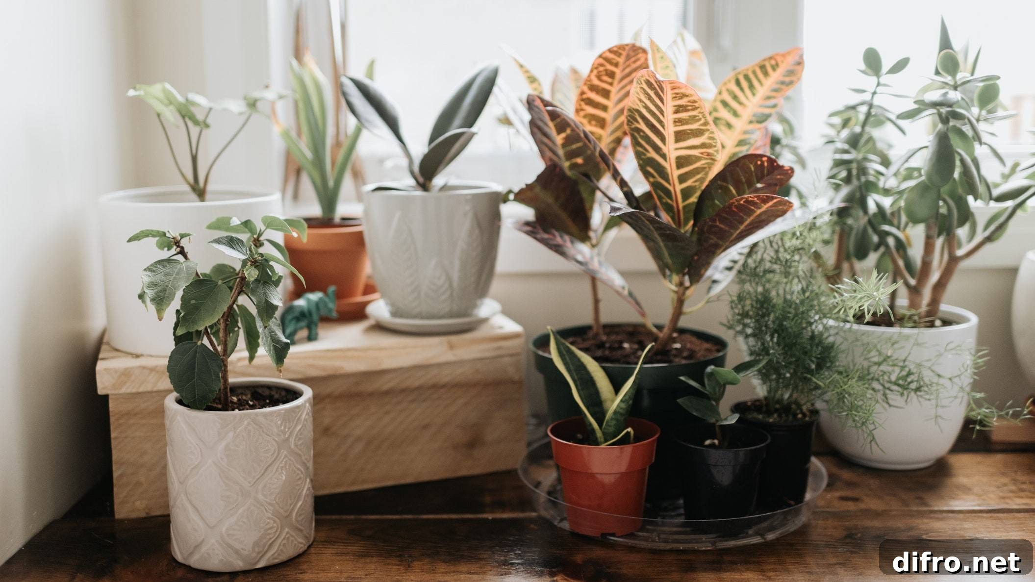 multiple plants in various pots sitting along window