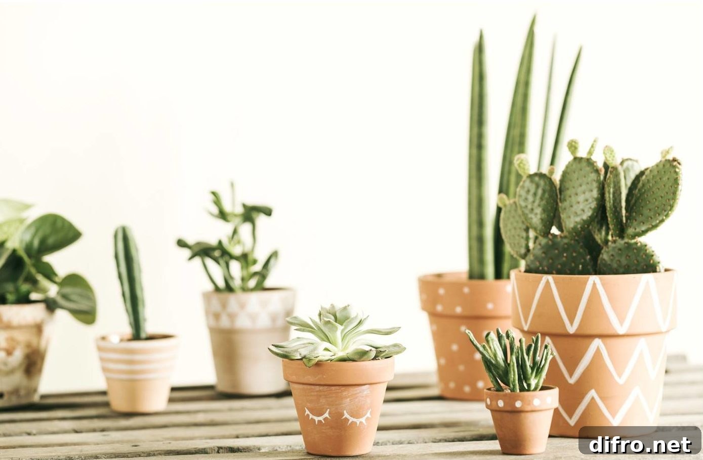 multiple cactus plants in different size clay pots
