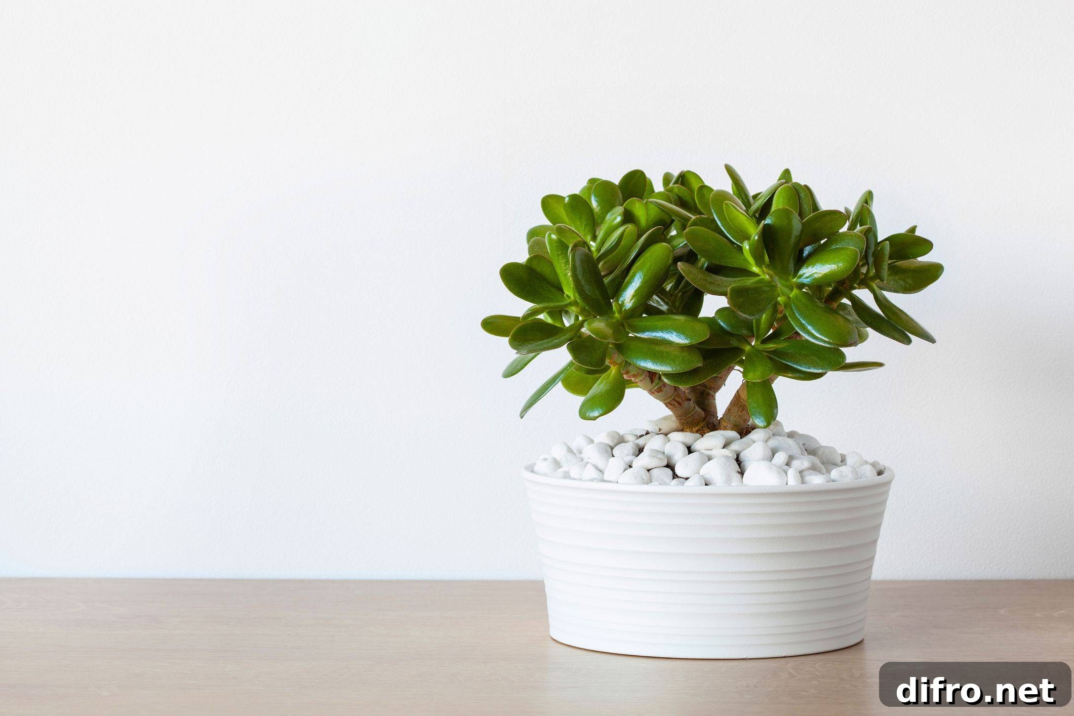 jade plant in white pot with white stones