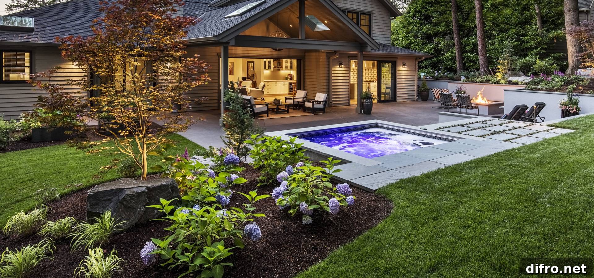 patio, pool, firepit and stones in backyard
