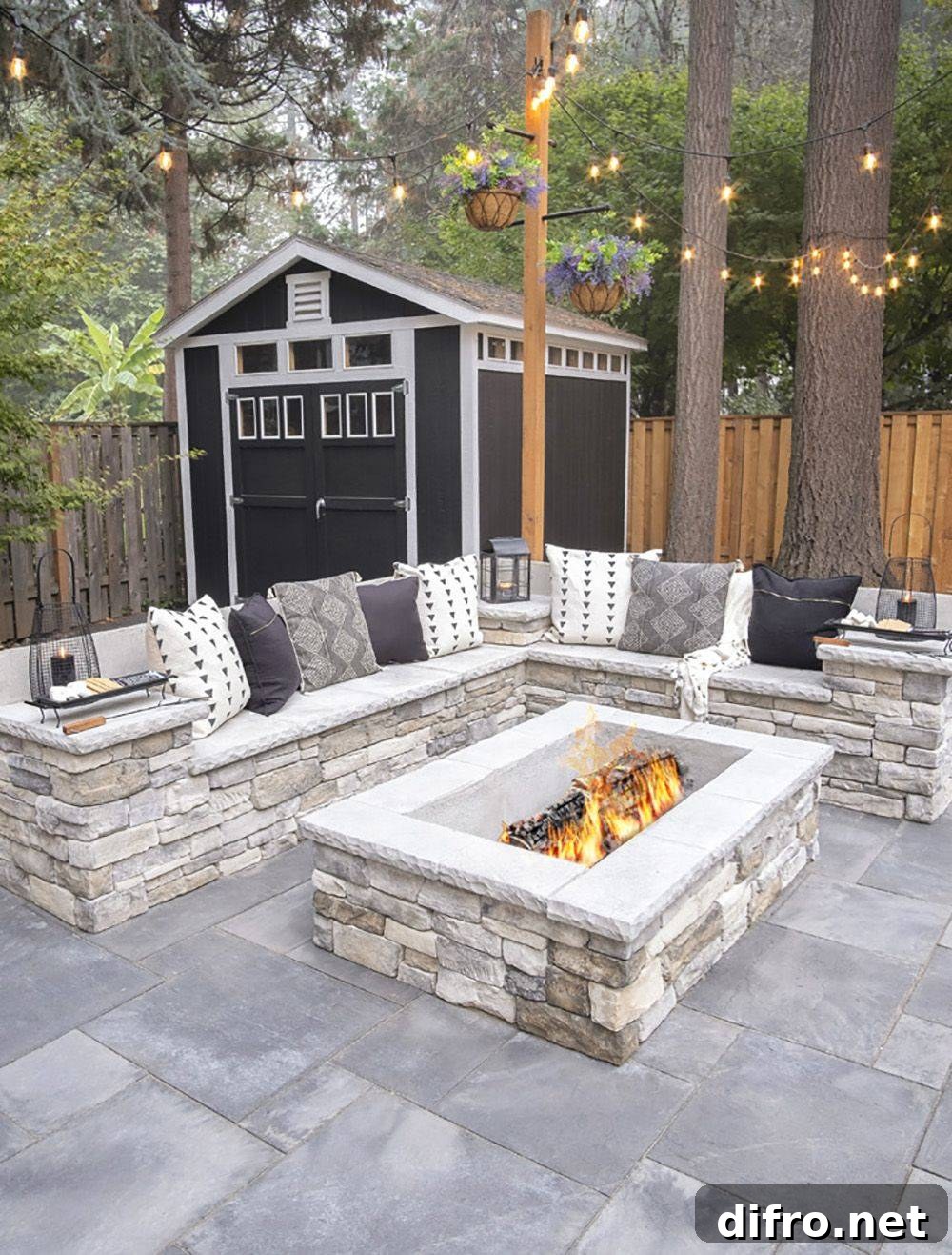 stone firepit with stone couch surrounding it
