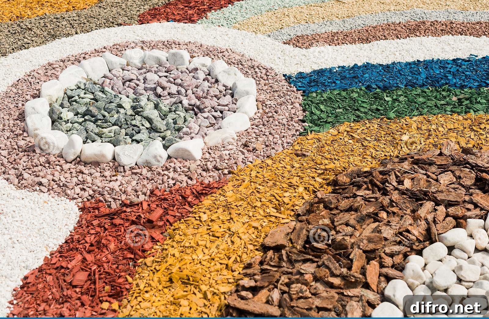 stones and colored woodchips combine to make design