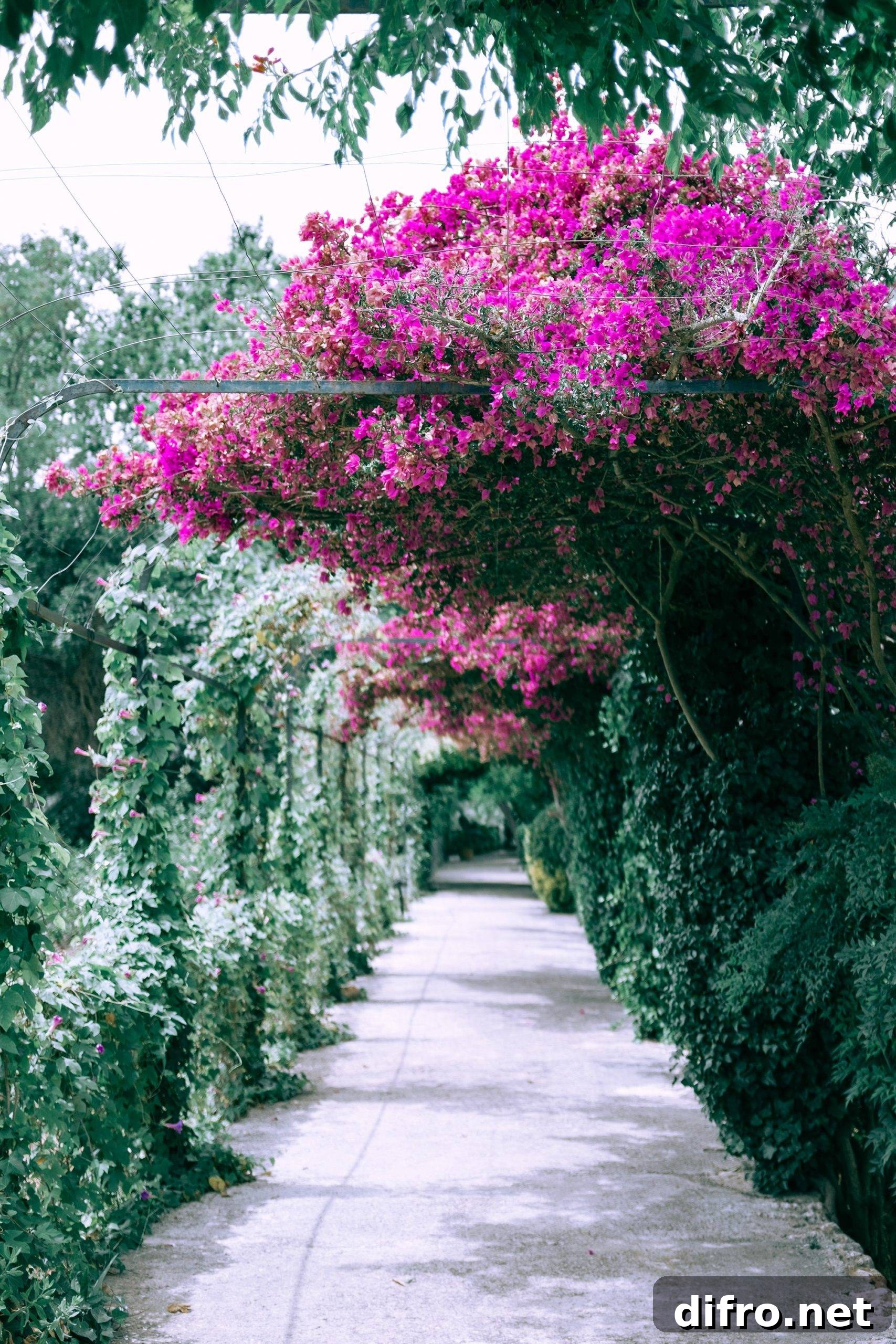 pink floral archway and stone path