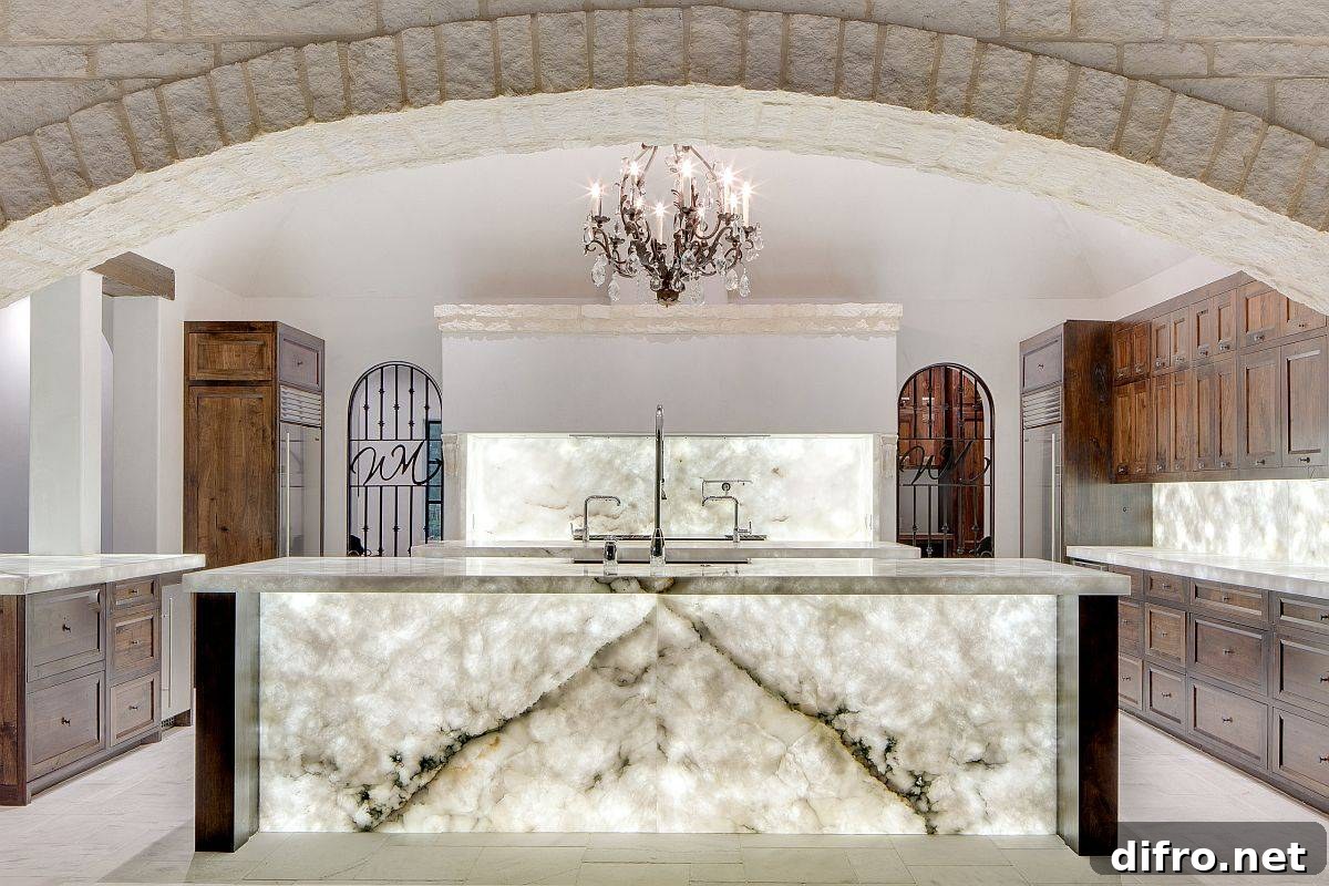 Cristallo Quartzite island with backlit LED panels