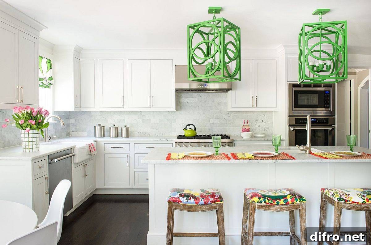 Oversized colorful pendants in a white New York kitchen