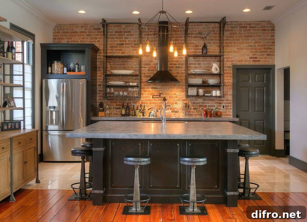 Industrial kitchen with brick backsplash and chandelier