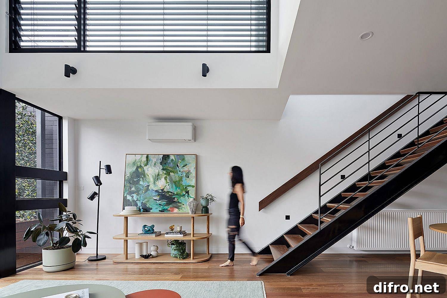 Double-height living area with operable windows