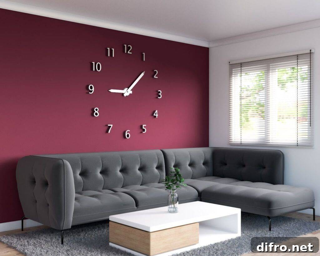 Maroon wall with clock