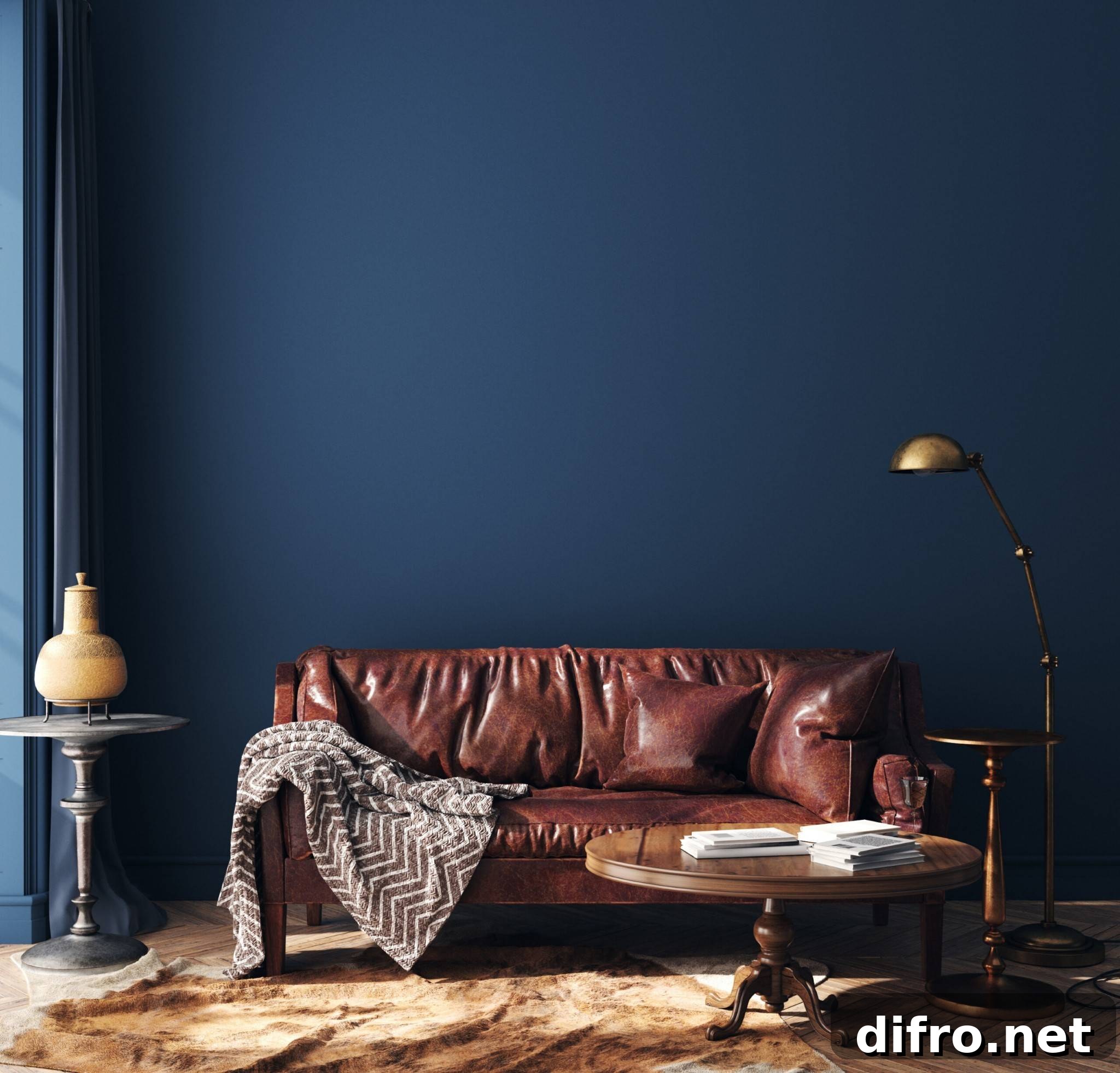Rich leather sofa against blue wall
