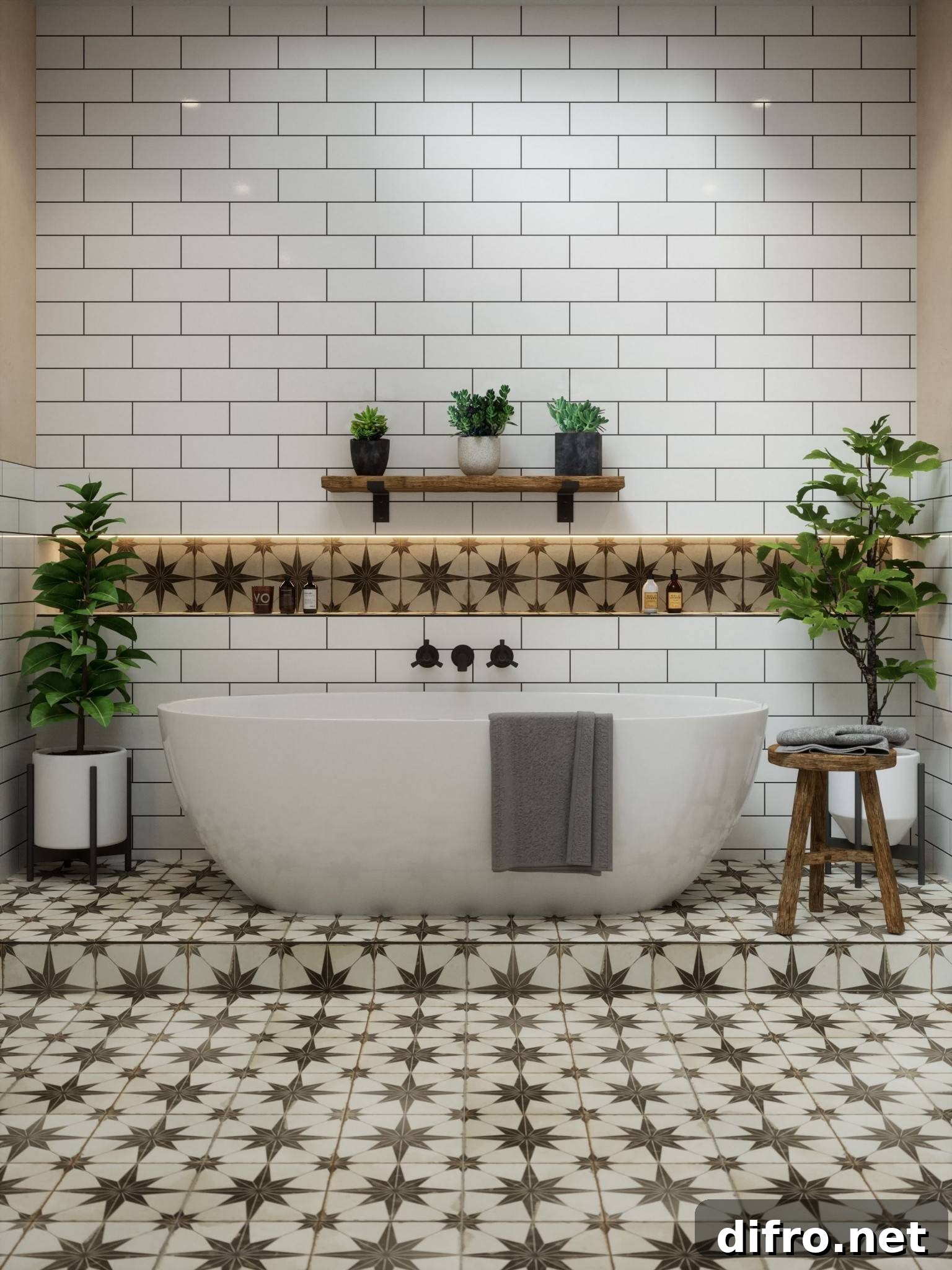 Tiled floor and walls