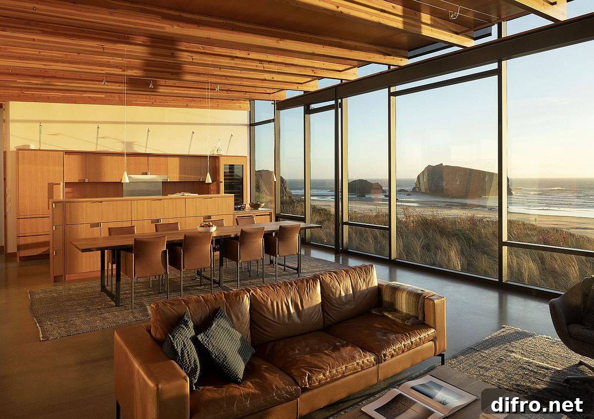 Wooden ceiling, floor-to-ceiling glass walls and modern decor complete the living room with awesome ocean views