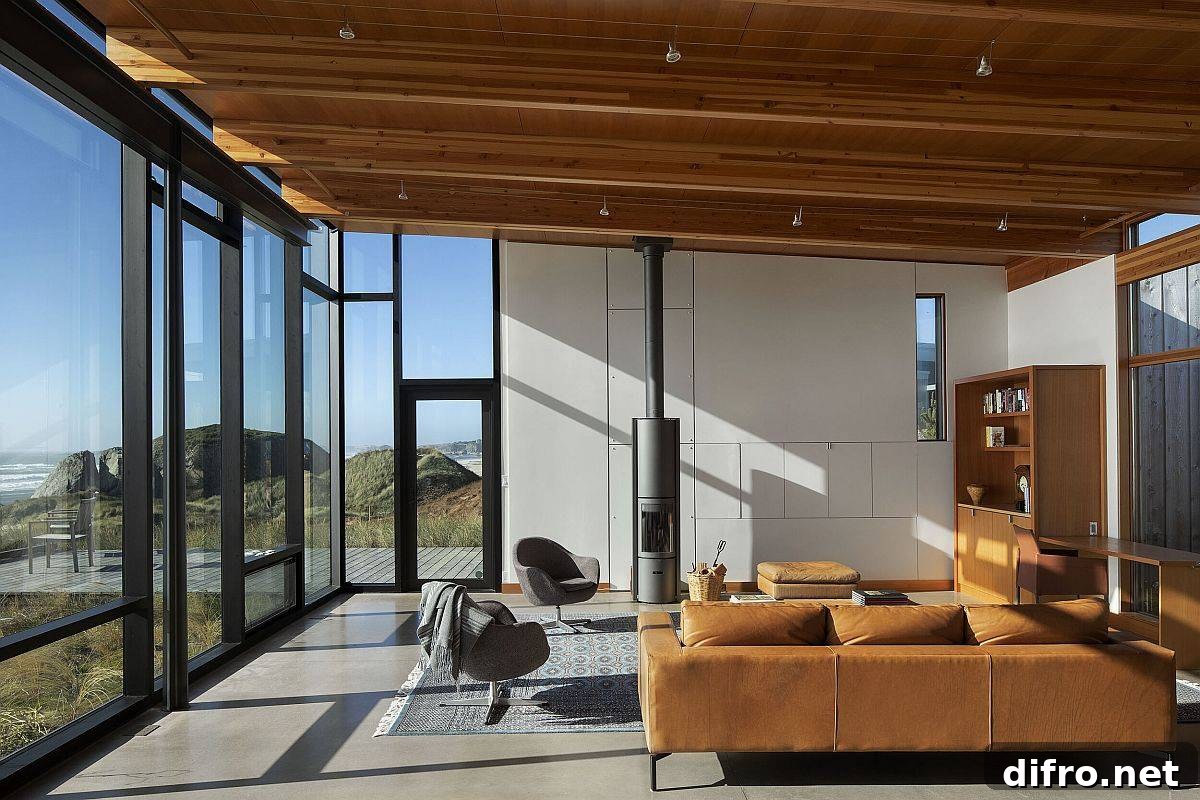 Slanted ceiling of the living room with wooden beams adds something unique to the living space