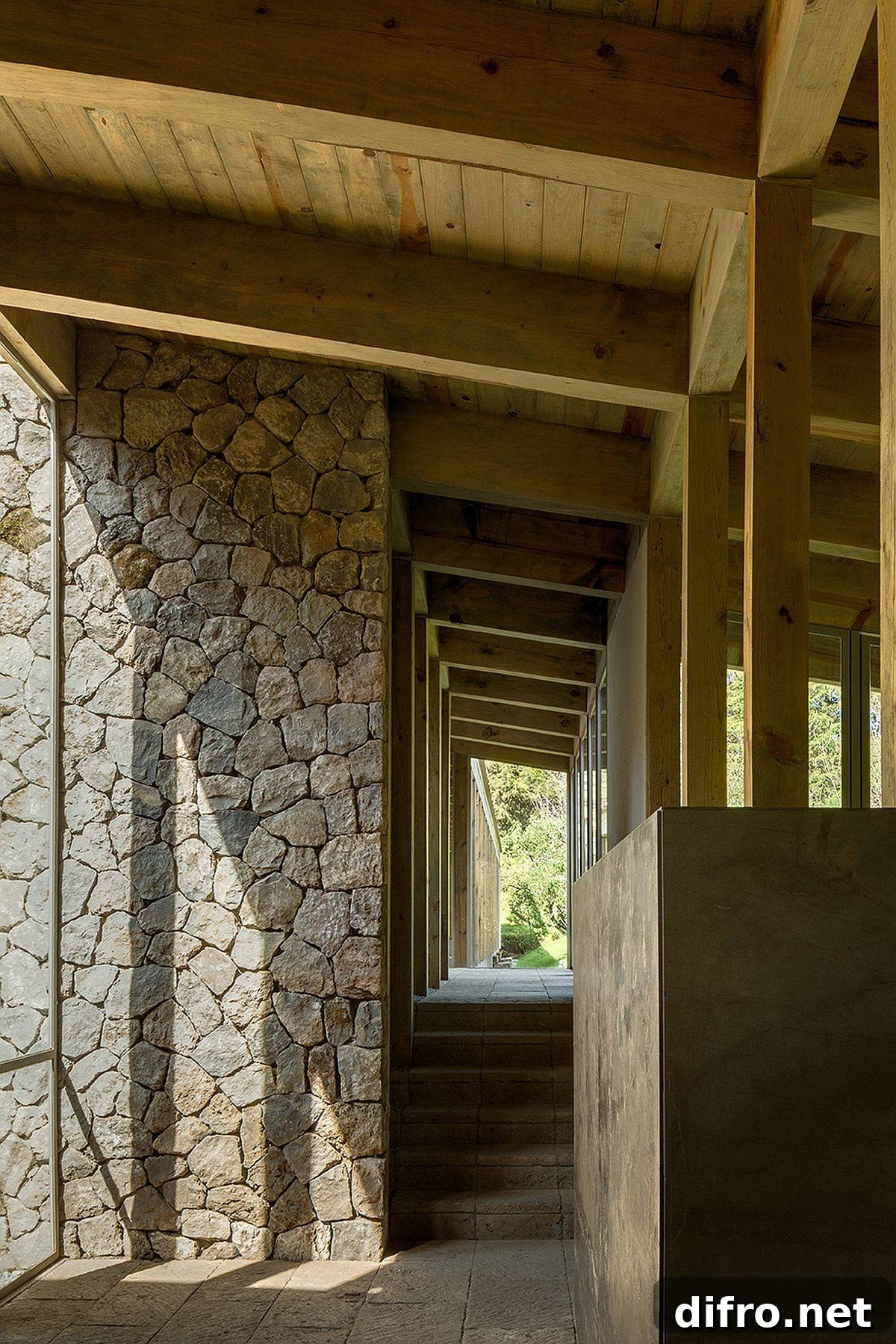 Long corridors and walkways around the house turn it into a spacious and cozy setting