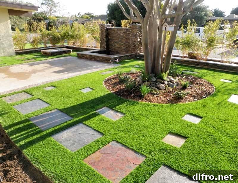 faux grass lawn with stone tiles