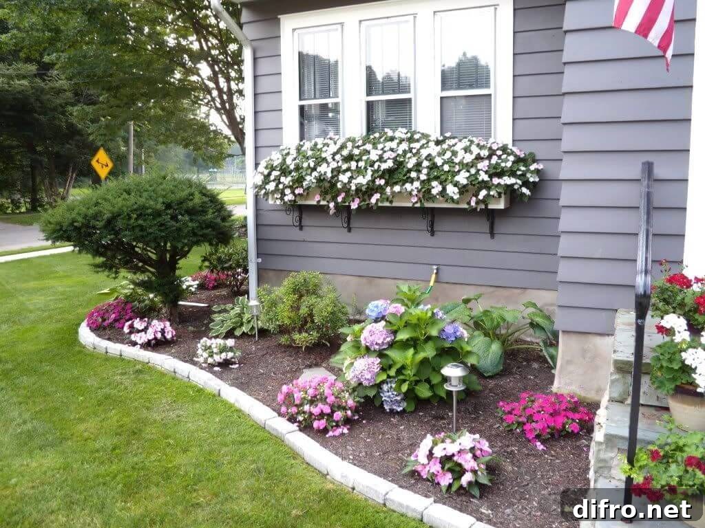 front garden with window sill flower boxes