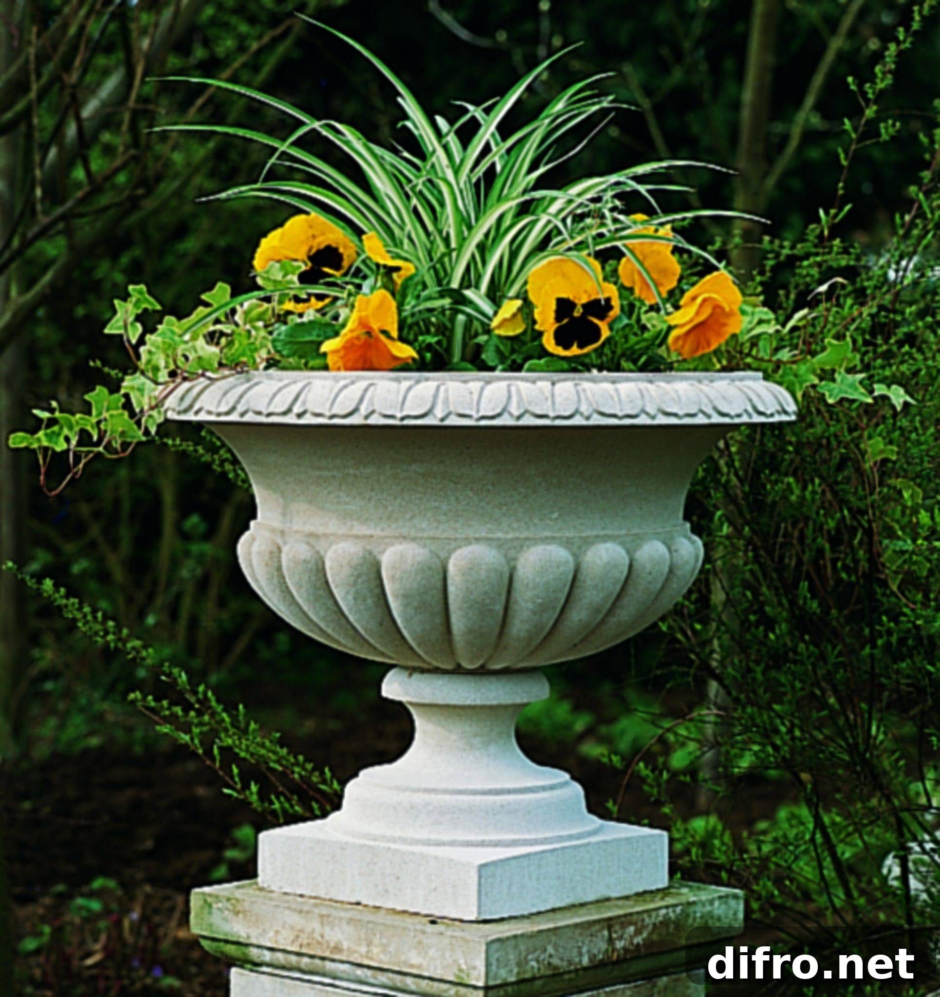 stone planter with colorful arrangement