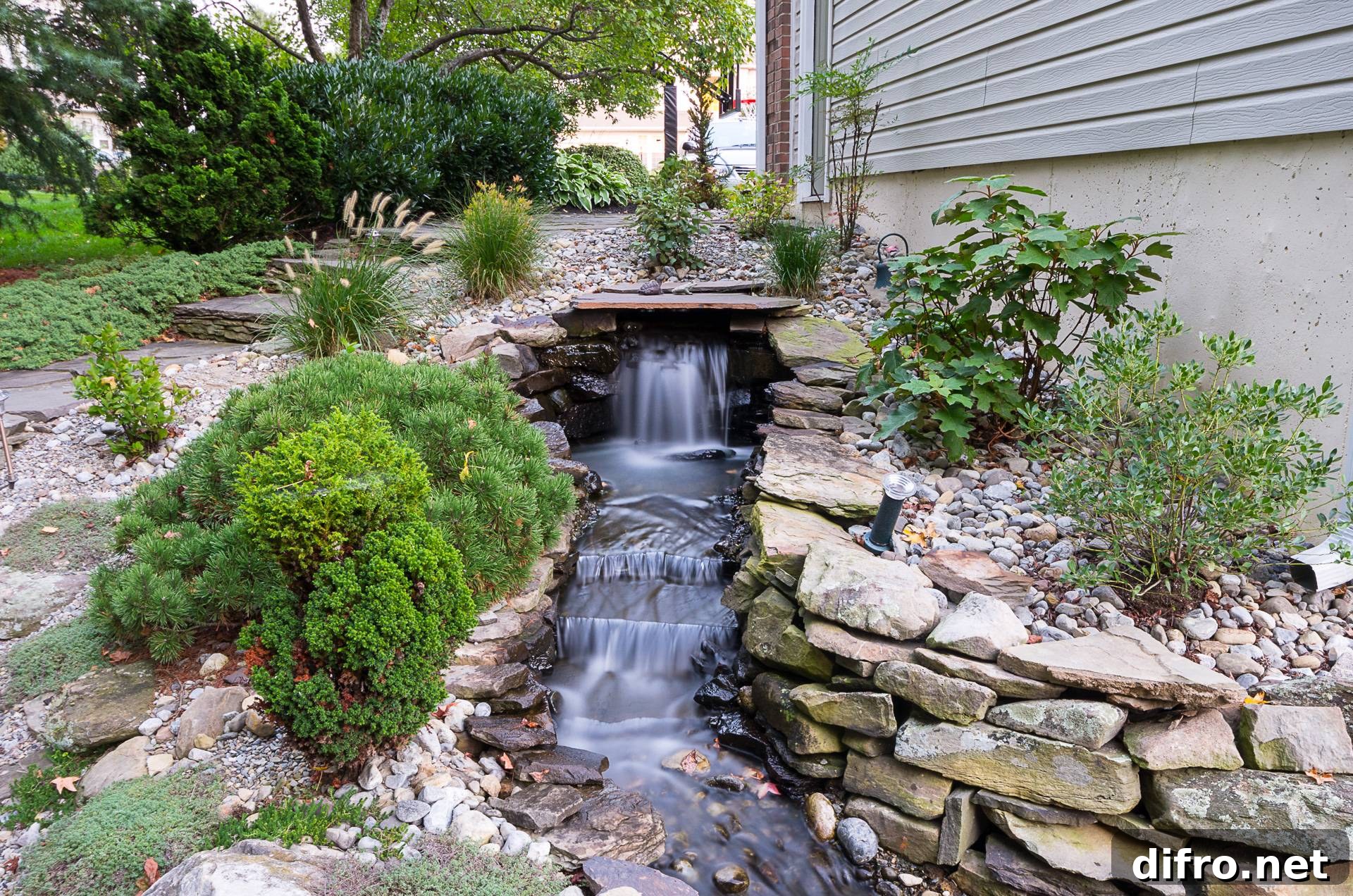 waterfall in stone backyard