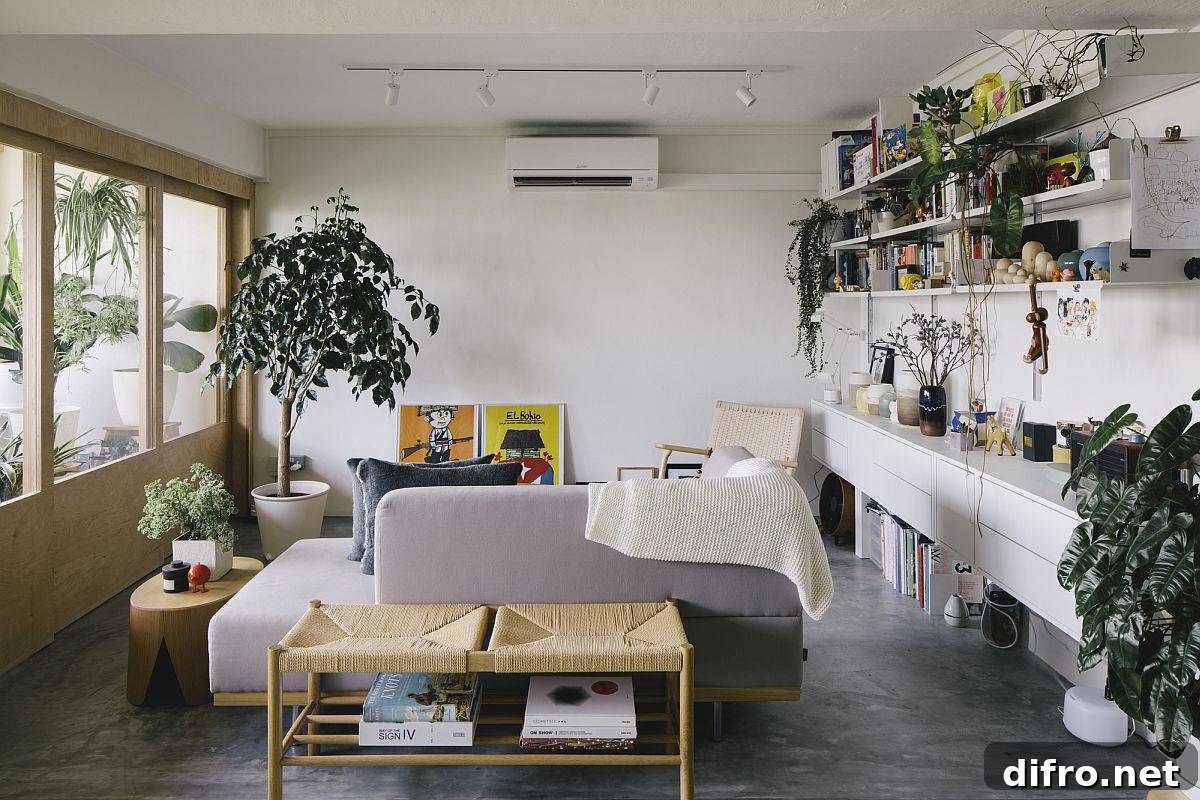 Understated living room with small sectional and modern decor