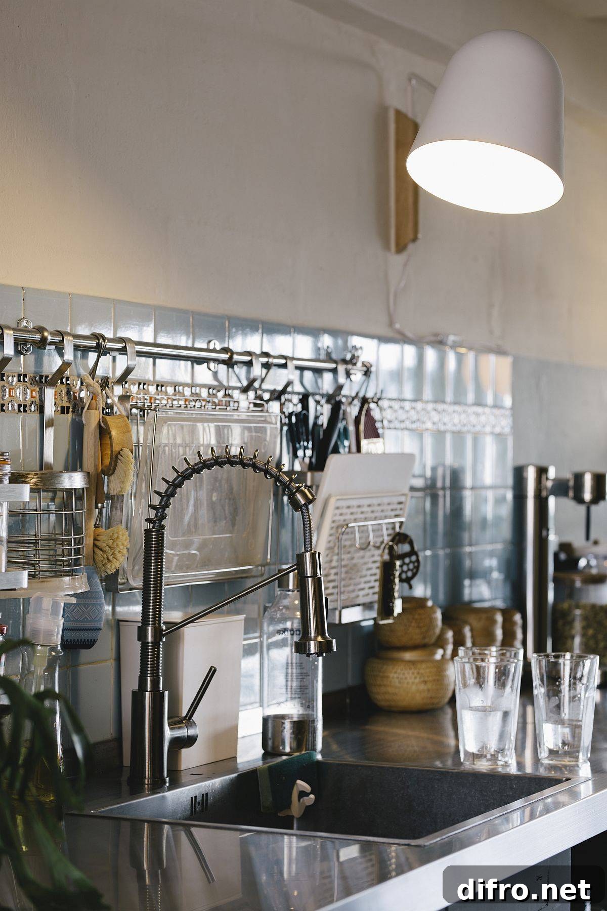 Kitchen blue tile backdrop extending color scheme