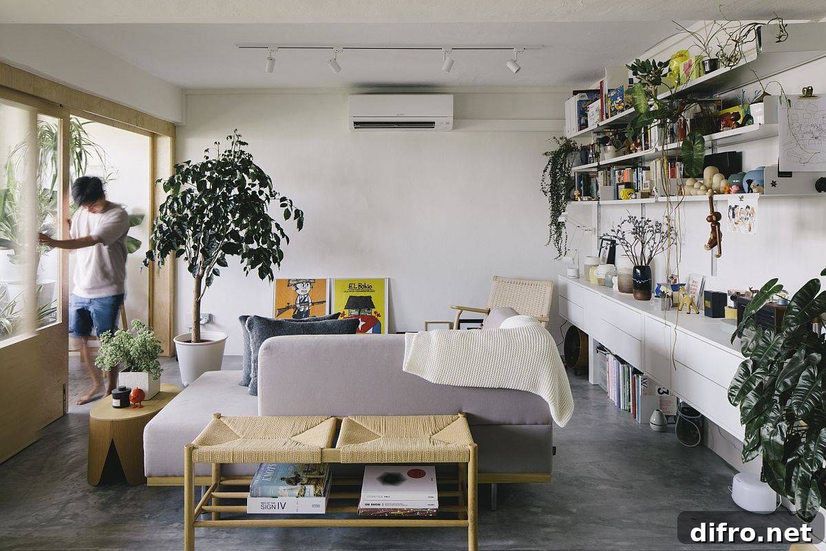 Custom shelves and sliding glass doors create openness
