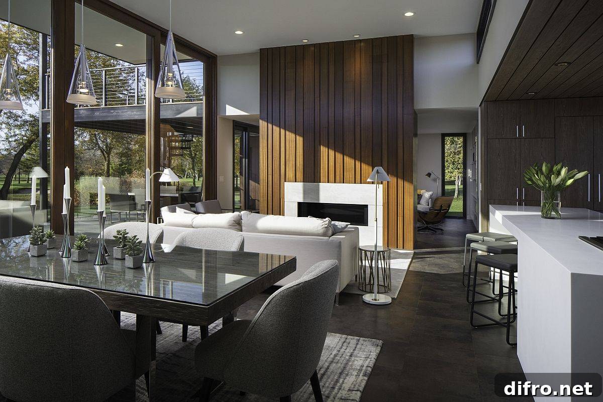 Open plan living area, kitchen and dining with modern style and neutral hues