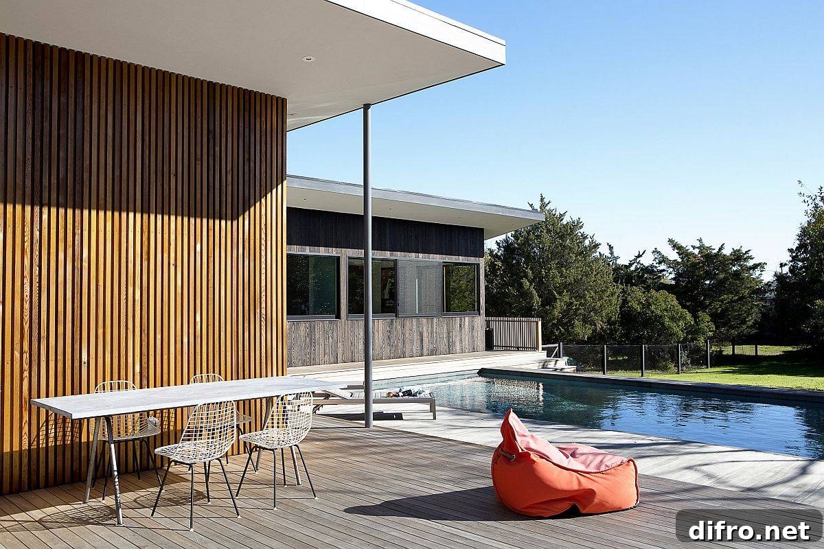 Deck, garden and pool area at Hamptons Bungalow
