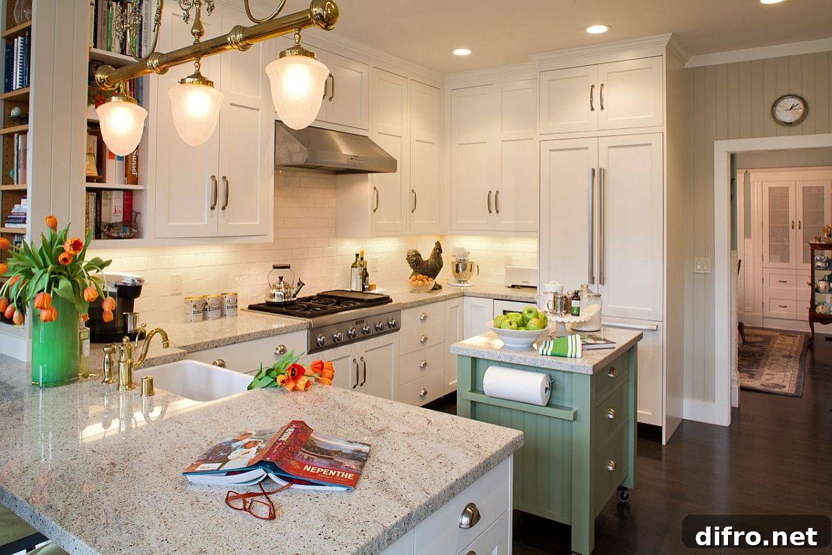Super-small kitchen island on wheels in pastel hues