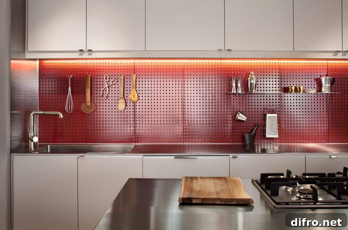 Custom pegboard backsplash adds a dash of bright red