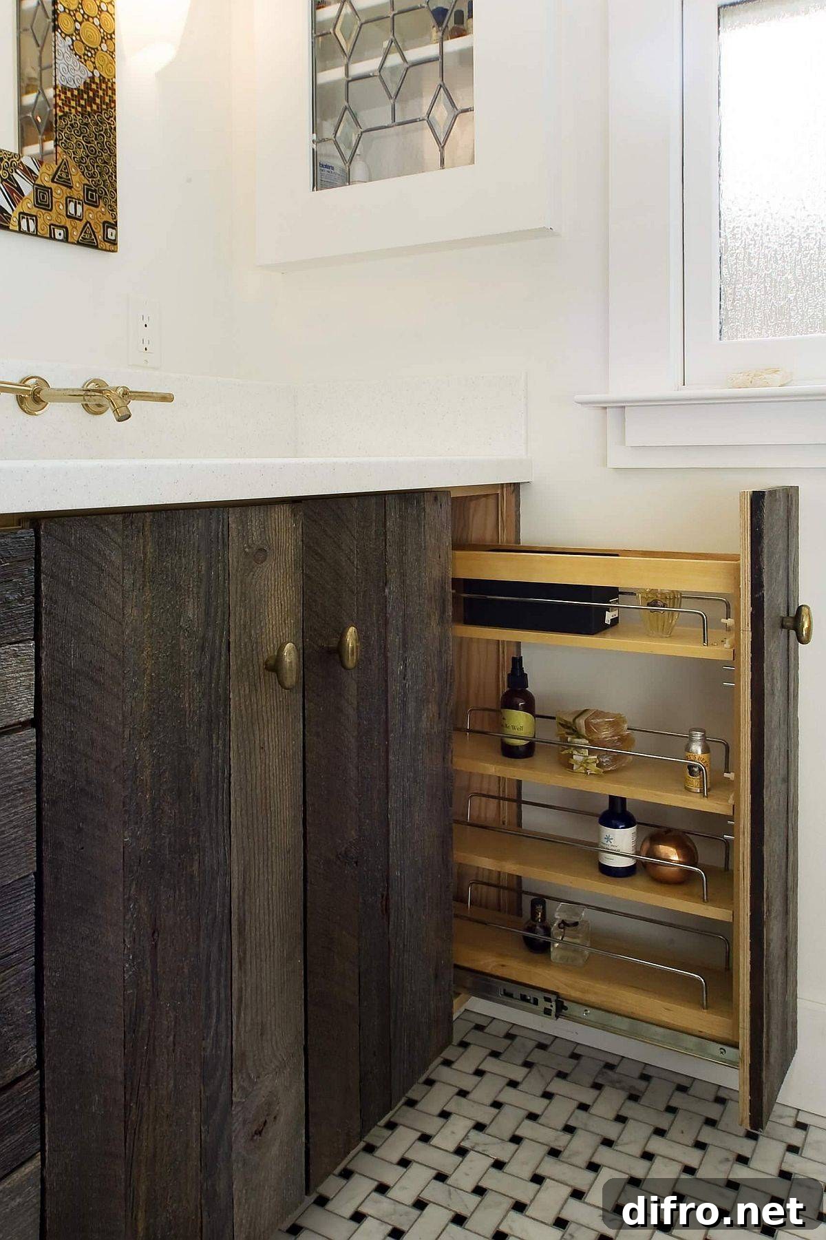 Roll-out drawers in the corner can store much more than spice jars
